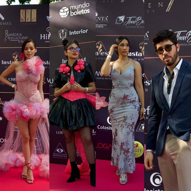 $!De izquierda a derecha: Frida Contreras luiendo un vestido diseñado por Frederick Estrella Salomé quevedo con un atuendo de Jean Khalo. Nicole Espinoza e Israel Vera, quienes fusionaron la elegancia y la sofisticación en sus trajes.
