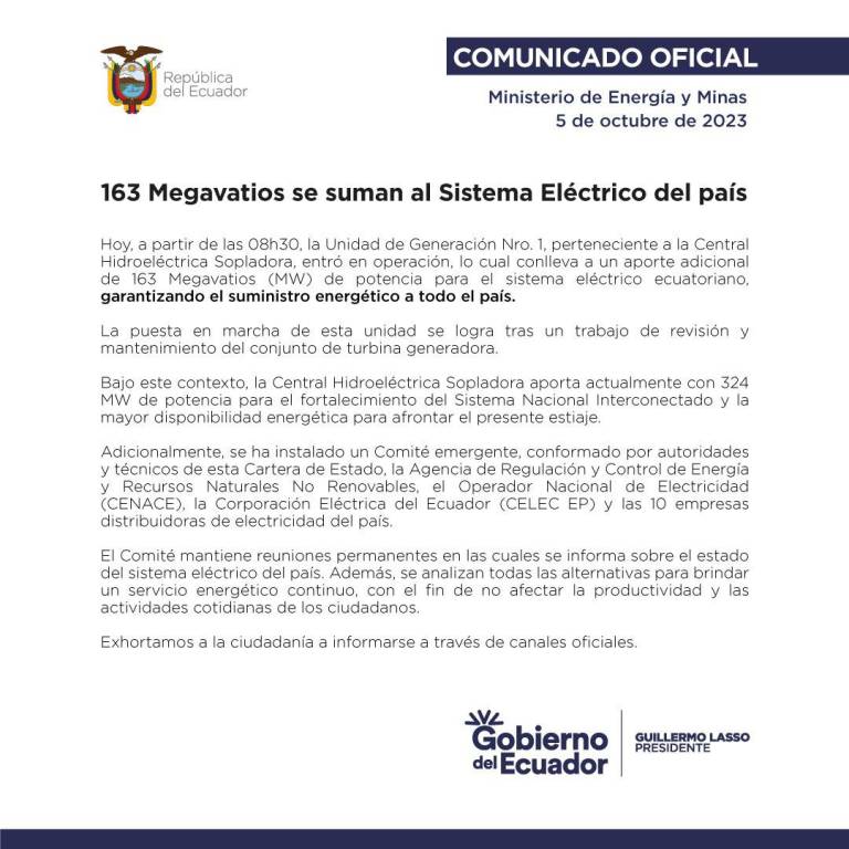 $!163 megavatios se suman al sistema eléctrico del país tras disminución de suministro a Ecuador