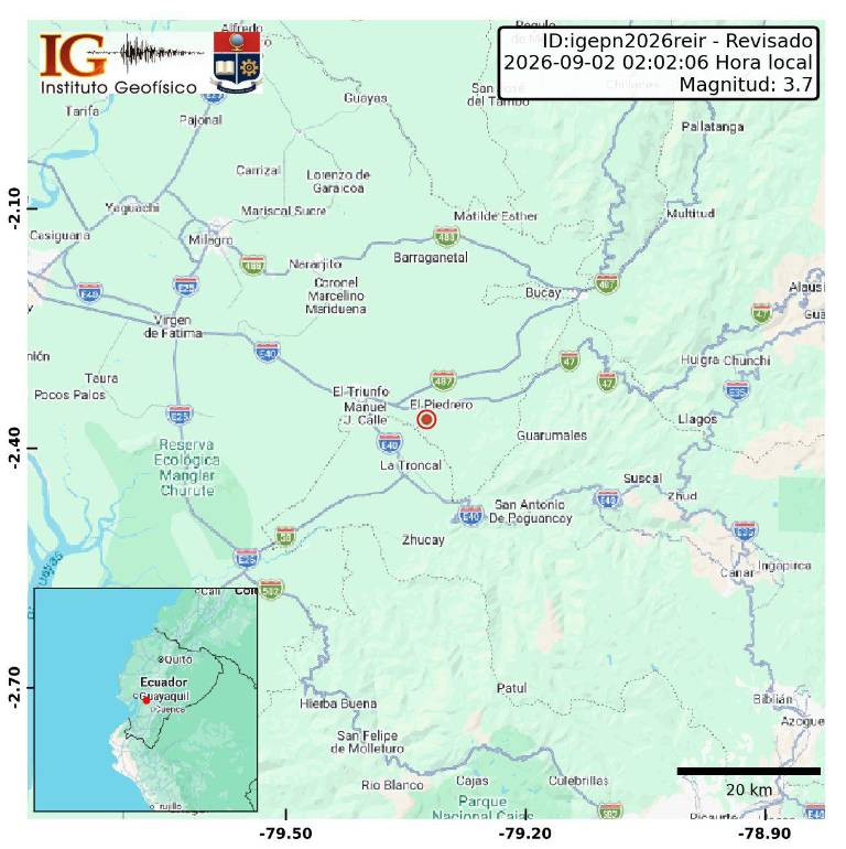 $!Dos sismos de magnitudes 3,2 y 3,7 sacuden Guayas y Cañar este miércoles 2 de septiembre