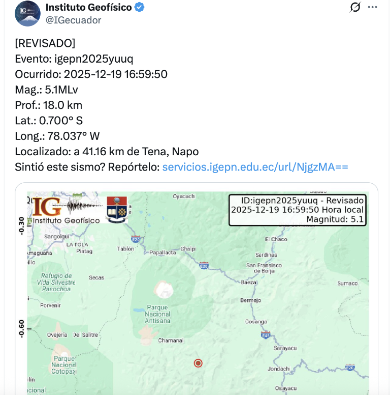 $!Reportan temblor en Tena, provincia de Napo.