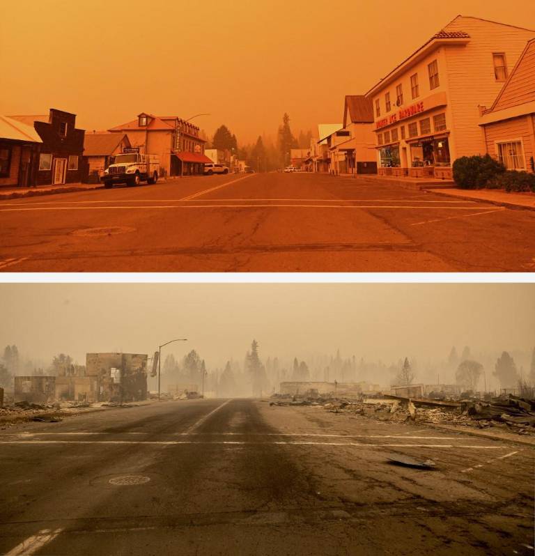 $!El antes y después del incendio que arrasó Greenville, en California.