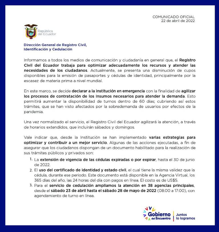 $!El Registro Civil es declarado en emergencia para agilizar emisión de pasaportes y cédulas