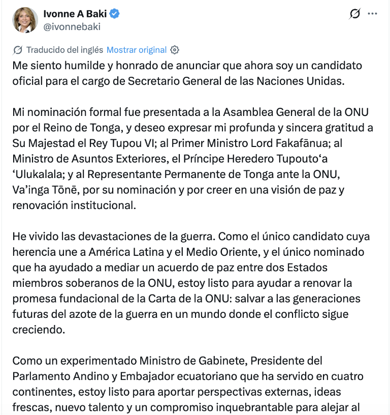 $!Mensaje de Ivonne Baki sobre su nominación a la Secretaría General de la Organización de Naciones Unidas (ONU).