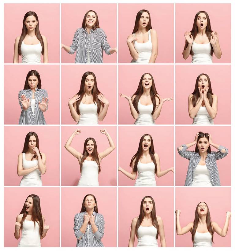 $!Collage de diferentes expresiones faciales, emociones y sentimientos de una mujer joven.