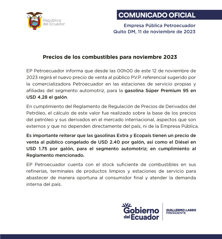 $!Baja el precio de la gasolina Súper en Ecuador: este es el valor que regirá desde el 12 de noviembre