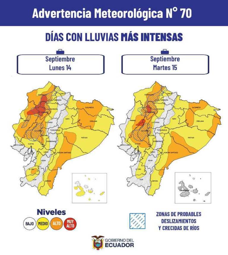 $!En las zonas con rojo se registrarán las lluvias más intensas en la Costa.