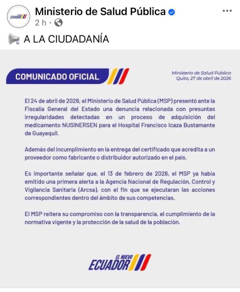 $!Comunicado del MSP sobre medicamento Nusinersen.