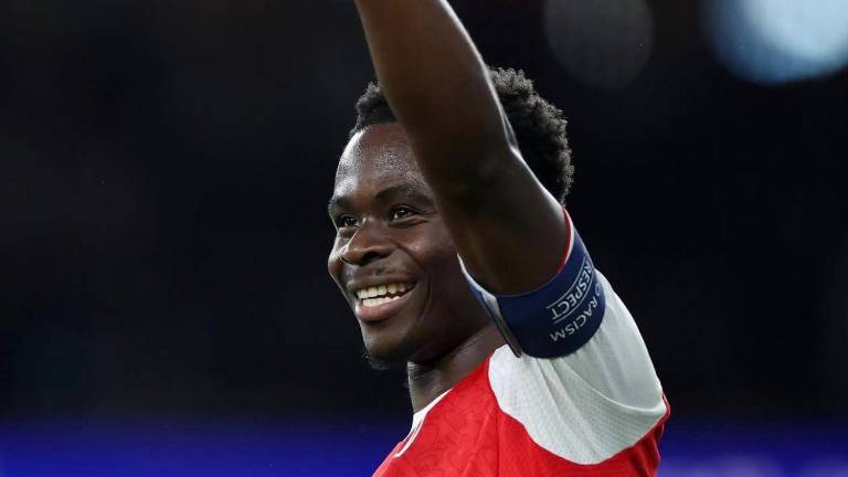 Bukayo Saka celebrando el gol frente al Atlético de Madrid en semifinales de Champions League.