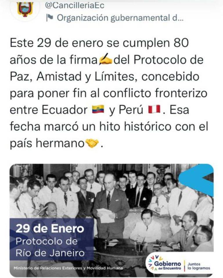 $!Canciller de Ecuador despide a funcionaria por mensaje sobre el Protocolo de Río de Janeiro de 1942