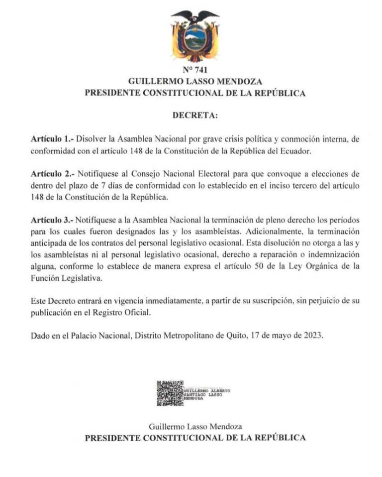 $!Presidente Lasso firma decreto de muerte cruzada: se confirma la disolución de la Asamblea Nacional