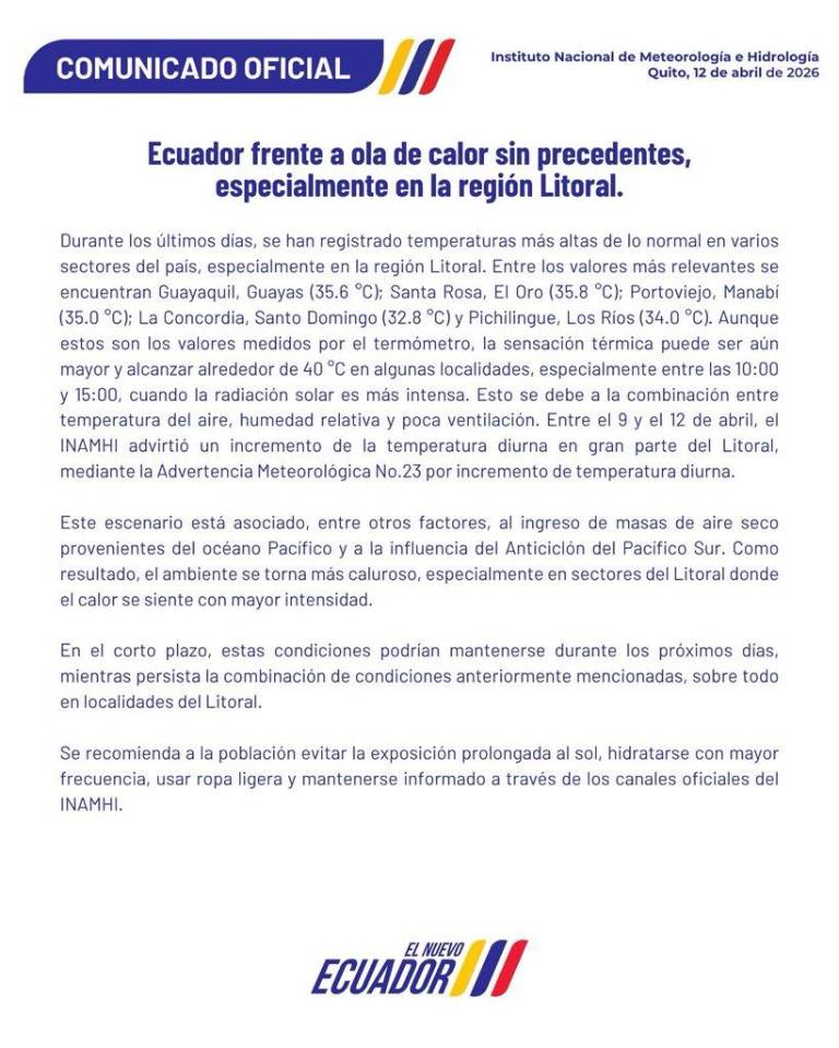 $!Ola de calor sin precedentes en Ecuador: Inamhi advierte que altas temperaturas podrían mantenerse en los próximos días