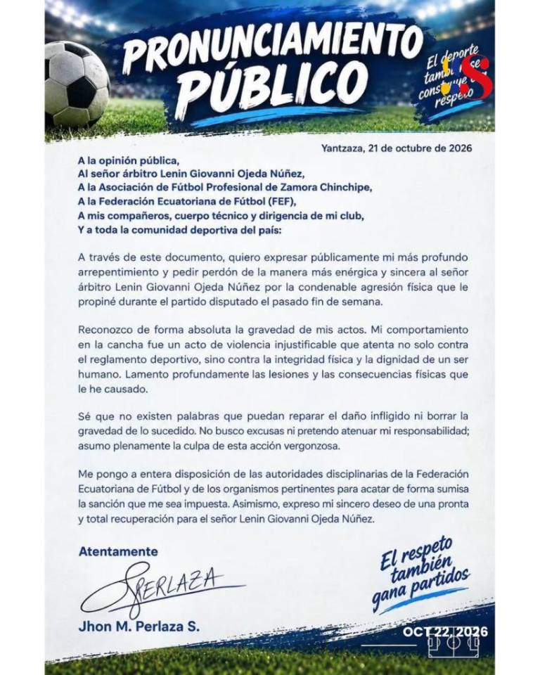 $!Comunicado de Jhon Perlaza.