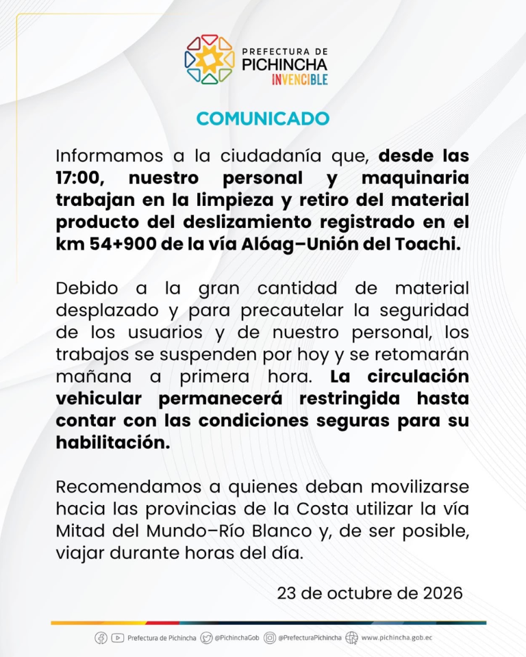 $!Comunicado de la Prefectura sobre la vía Alóag- Unión del Toachi.
