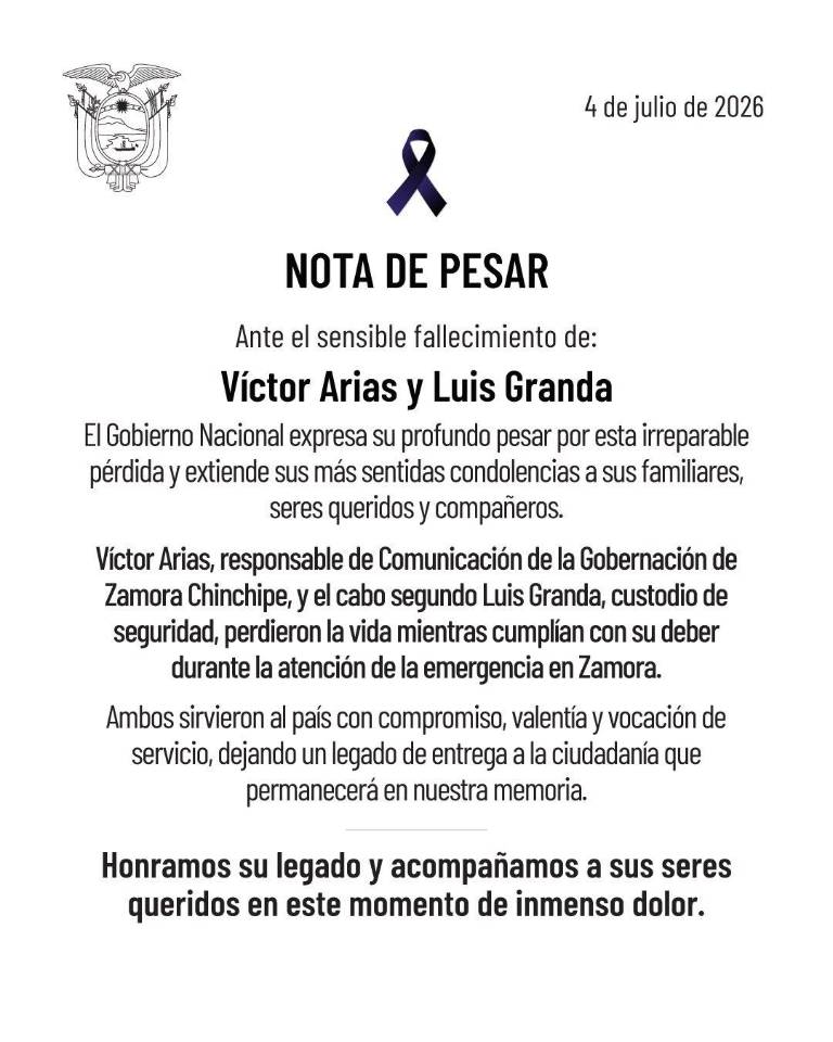 $!Nota de pesar del Gobierno ante el desastre en Zamora Chinchipe.