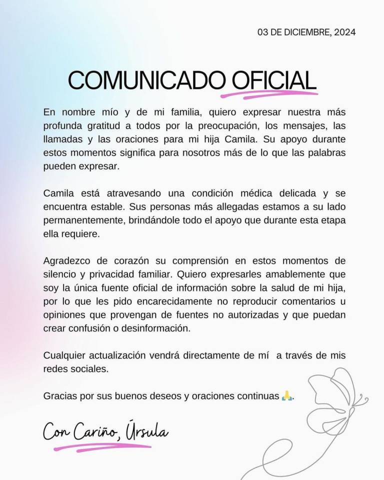 $!Comunicado de prensa publicado por Úrsula Strenge a través de su Instagram, en el que dio a conocer el estado de salud de su hija Camila.