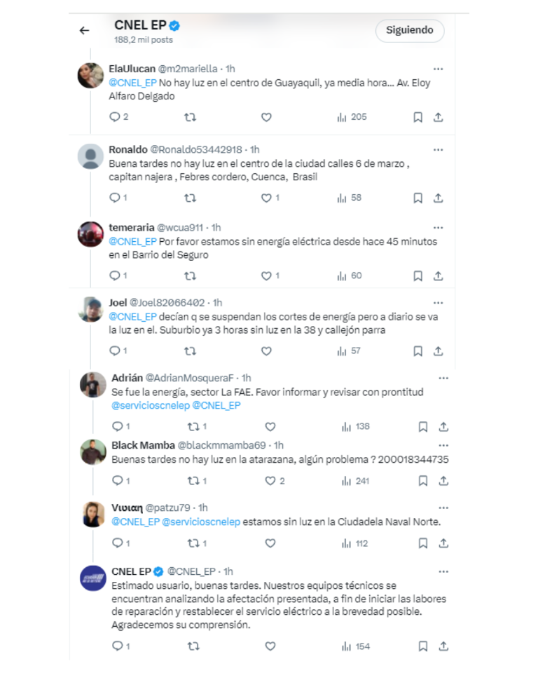 $!Usuarios reportaron interrupciones en el servicio de energía eléctrica en varios sectores de Guayaquil.