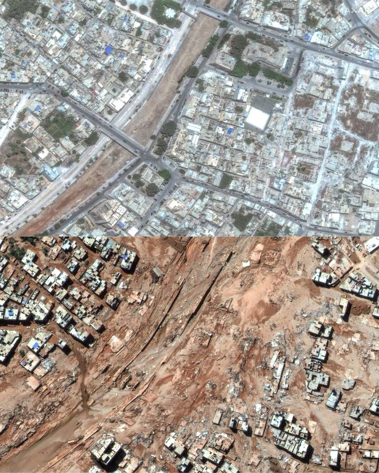 $!Esta combinación de imágenes satelitales creadas y publicadas por Maxar Technologies el 13 de septiembre de 2023, muestra una vista general del río Wadi Derna y los edificios en Derna antes de las inundaciones, el 1 de julio de 2023 (arriba) y una vista general de El río Wadi Derna y edificios destruidos en Derna después de las inundaciones, el 13 de septiembre de 2023.