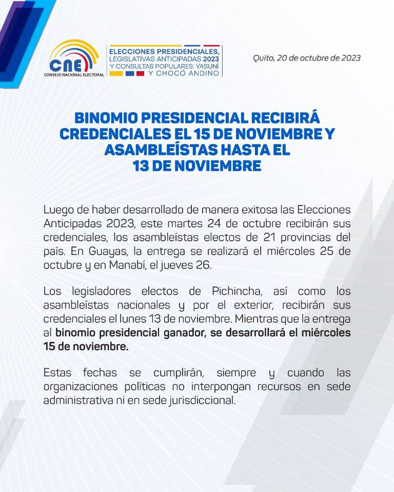 $!Daniel Noboa recibirá sus credenciales como presidente el 15 de noviembre, informó el CNE