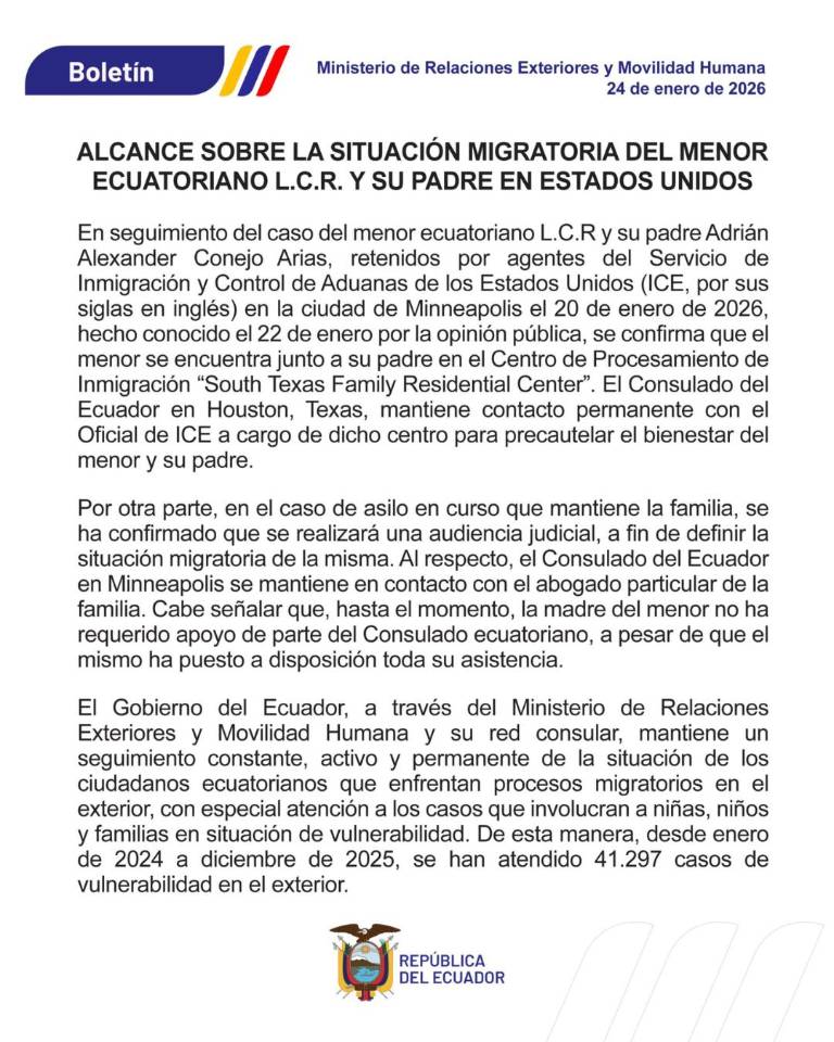 $!Comunicado de Cancillería sobre la situación de menor Liam Conejo.