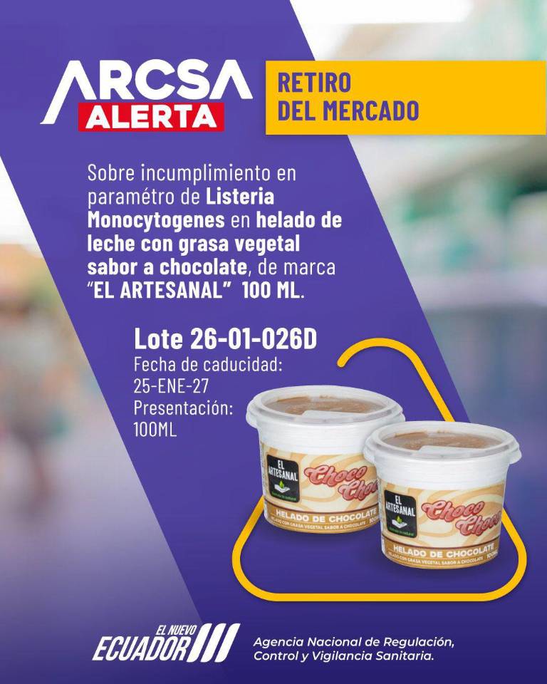 $!Arcsa alerta por lote de helado contaminado y ordena su retiro inmediato