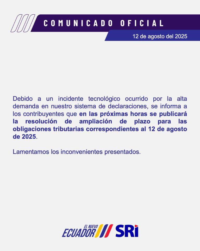 $!Comunicado del SRI de ampliazción de plazo para obligaciones tributarias.
