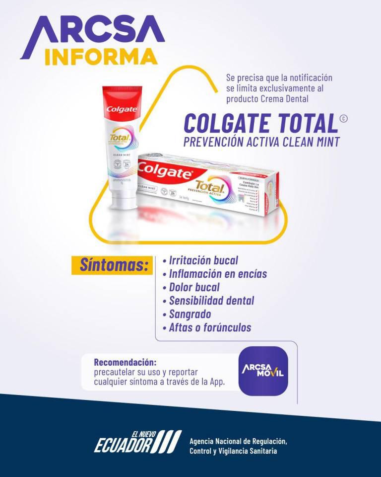 $!Advertencia de la Arcsa sobre los efectos de la pasta dental Colgate Total Clean Mint.