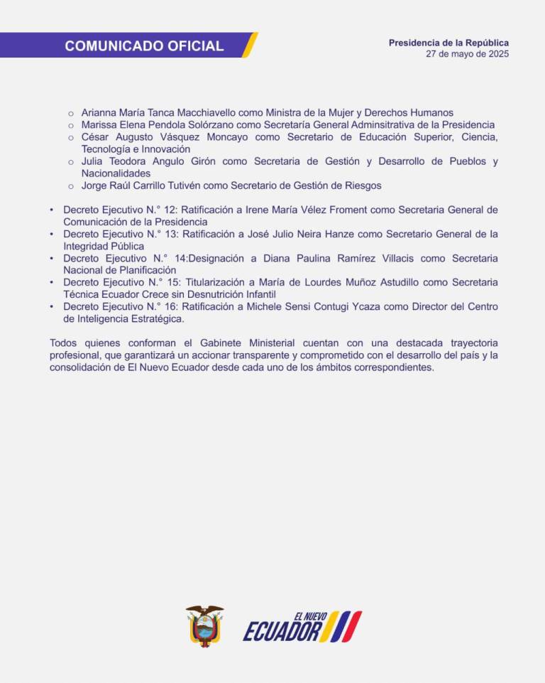 $!Cambios y ratificaciones en el nuevo gabinete ministerial de Daniel Noboa