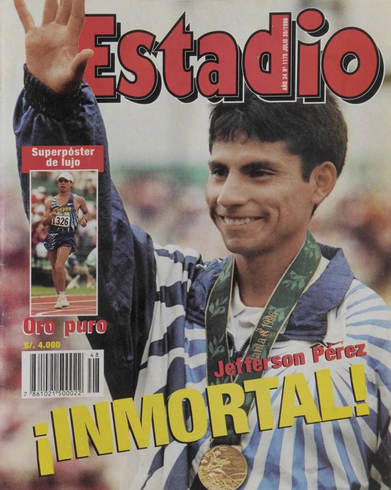 $!Portada de julio de 1996 en la Revista Estadio. Por primera vez en la historia, un deportista ecuatoriano alcanzaba una medalla olímpica. Fue Jefferson Pérez en los 20km marcha en Atlanta.