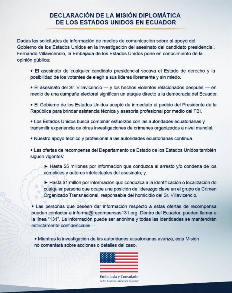 $!EE.UU. reafirma su apoyo en investigación por asesinato de Villavicencio y asegura que recompensas siguen vigentes