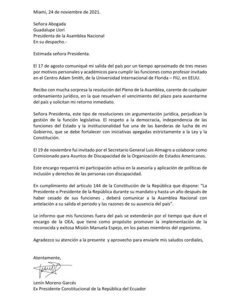 $!Lenín Moreno califica pedido de retorno al país de la Asamblea como carente de ordenamiento jurídico