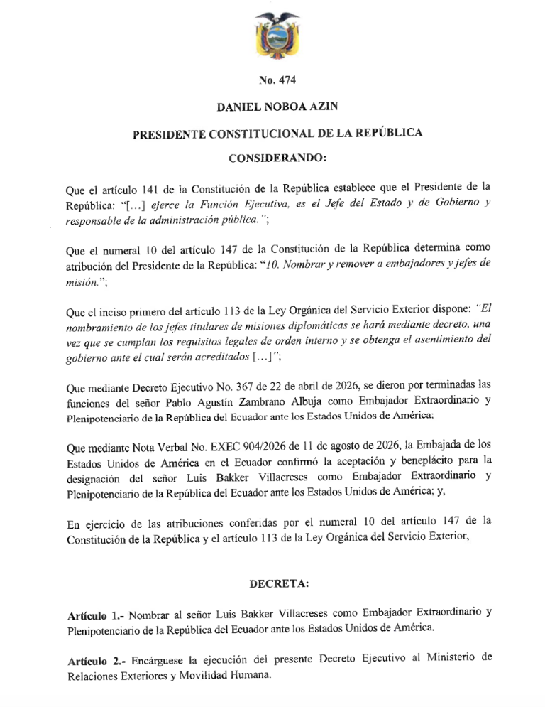 $!Decreto de Daniel Noboa para designar un nuevo embajador en EE.UU.