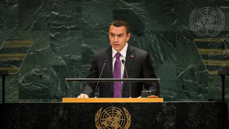 El presidente Daniel Noboa durante su intervención en la Asamblea General de la ONU.