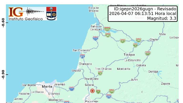 Sismo de magnitud 3.3 sacudió Portoviejo, Manabí, la mañana de este martes 7 de abril