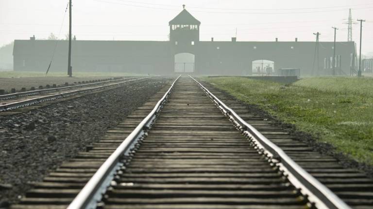 Personas desnudas sacrifican cordero frente al campo de Auschwitz