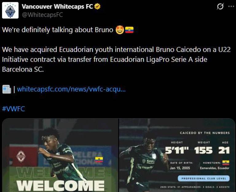 $!El club de la MLS anunció el fichaje de Caicedo a través de sus redes sociales.
