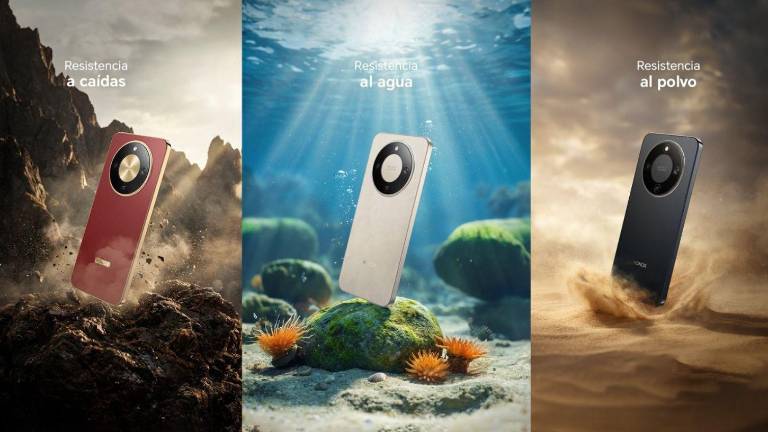 Imagen que muestra el dispositivo Honor Magir8 Lite y algunas de sus características como la resitencia a caídas, al agua y al polvo.