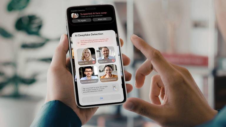 Composición fotográfica dónde se puede ver el sistema de detección de Deepfake generativa de Honor.