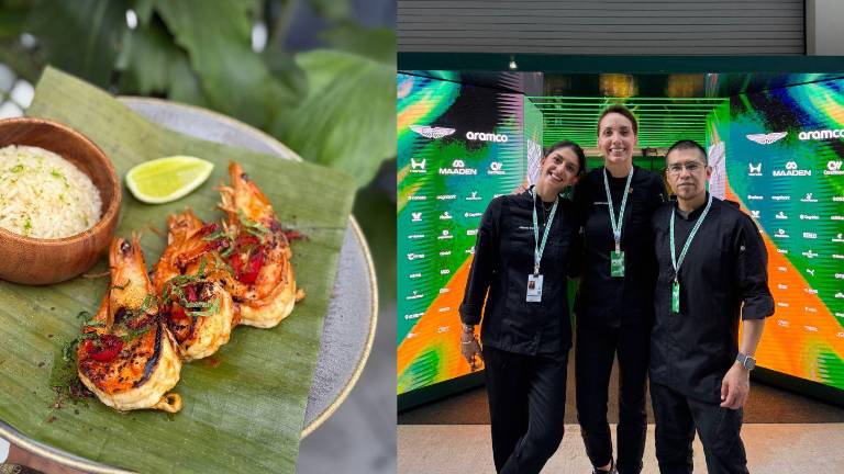 Foto composición en dónde se ve uno de los platos ecuatorianos presentados en el Gran Premio de Miami 2026 de la Fórmula 1 y a la chef Alejandra Espinoza (en medio) y a su equipo liderando esta experiencia