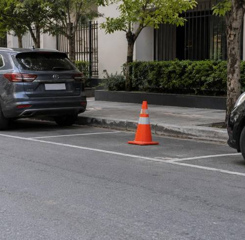 Fotografía referencial que muestra un cono colocado por un individuo particular en un espacio de parqueo.