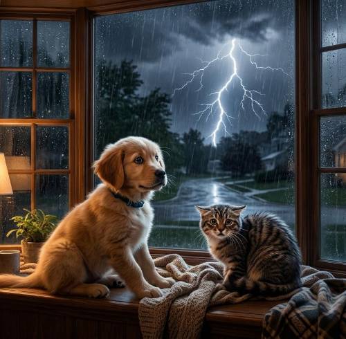 Imagen referencial de un perro y gato asustados por una tormenta eléctrica.