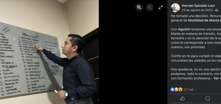 $!Hernán Salcedo renunció a la Gerencia de Movilidad de Manta el 23 de agosto de 2023.