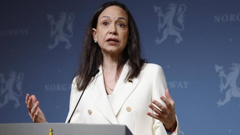 La ganadora del Premio Nobel de la Paz, María Corina Machado, ofreció una conferencia de prensa en las instalaciones de la representación del gobierno noruego en Oslo.