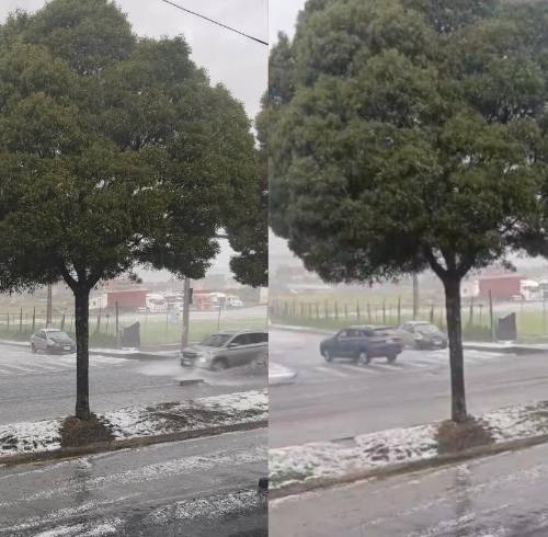 Vista de una calle del sur de Quito con granizo.