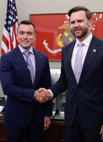 Fotografía del mandatario de Ecuador, Daniel Noboa, reunido con el vicepresidente de Estados Unidos, JD Vance.