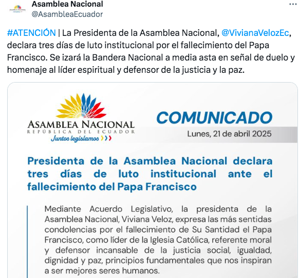 Asamblea de Ecuador declara luto 