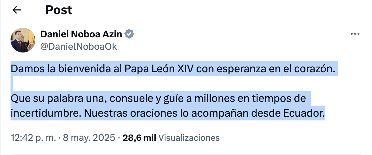 Daniel Noboa felicita al Papa León XIV