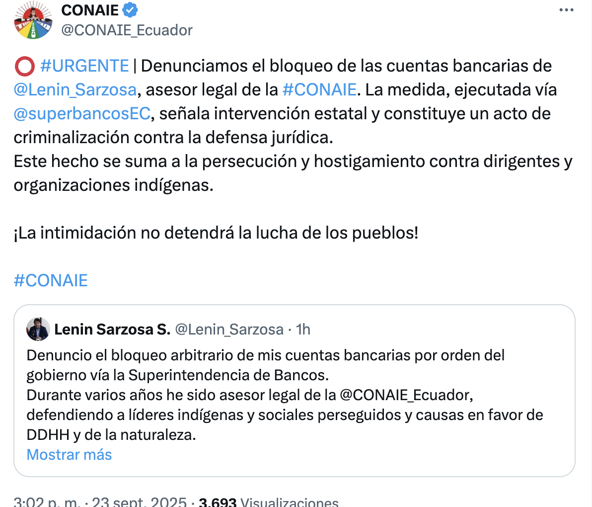 Conaie denuncia bloqueo de cuentas 