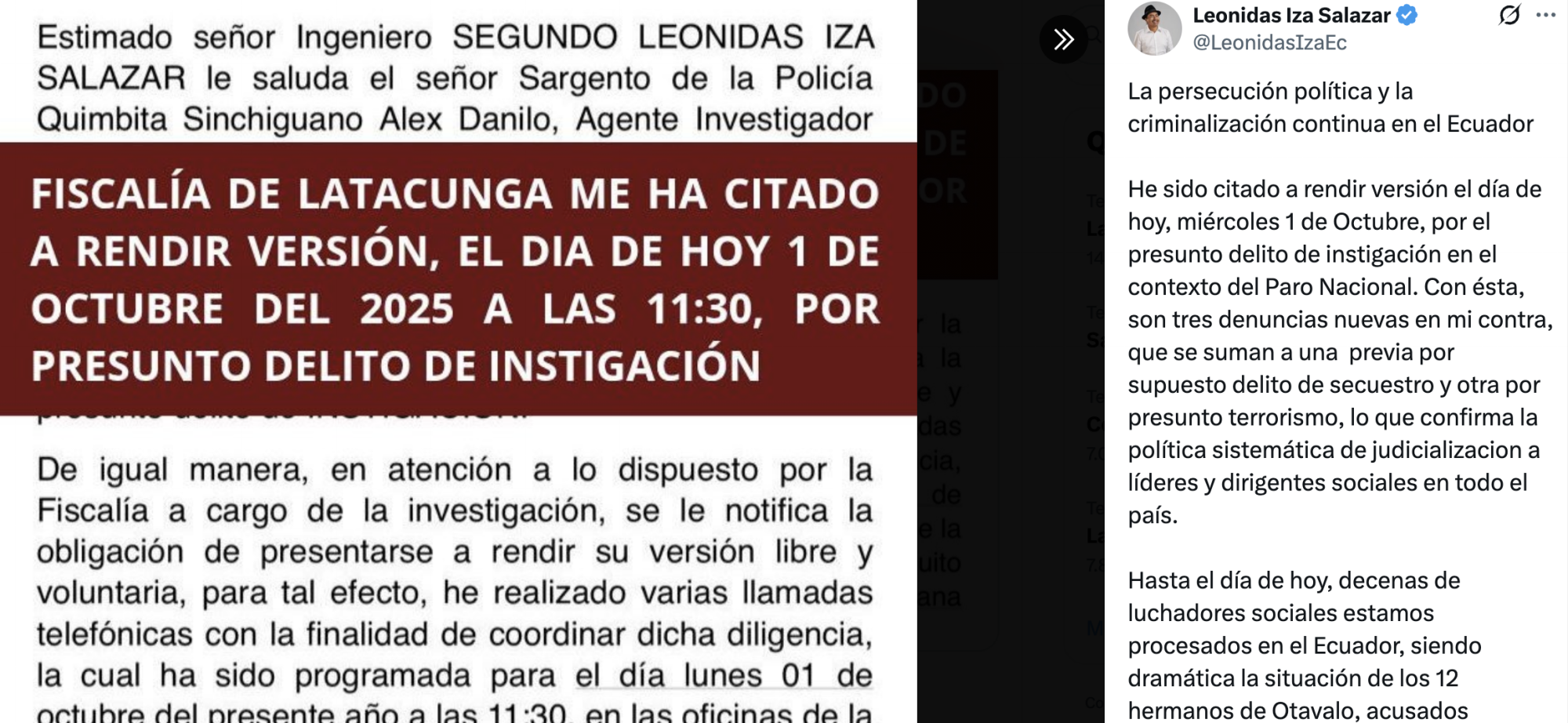 Leonidas Iza fue citado a rendir versión 
