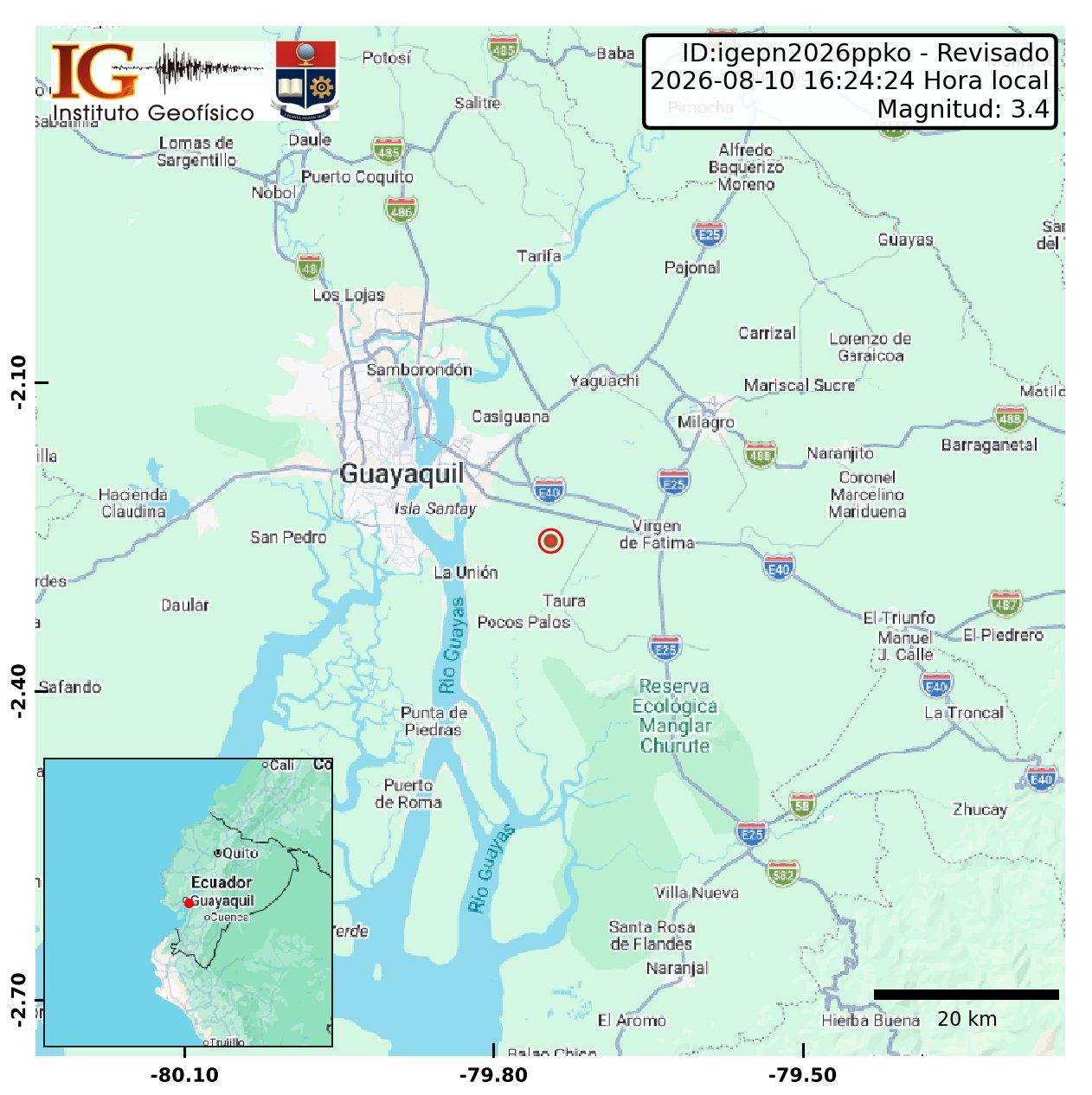 Sismo de magnitud 3,4 se registra cerca de Durán, provincia del Guayas