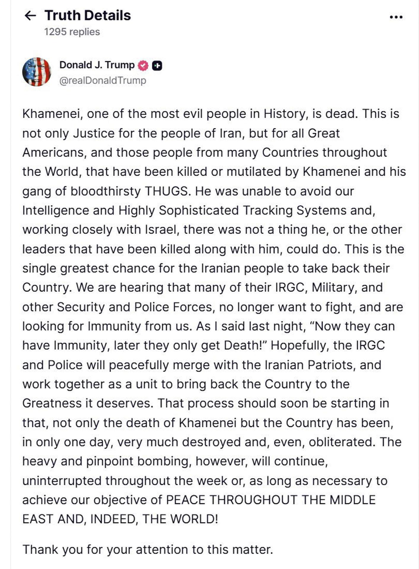 Trump confirma la muerte del líder supremo iraní Alí Jamenei tras ataques aéreos